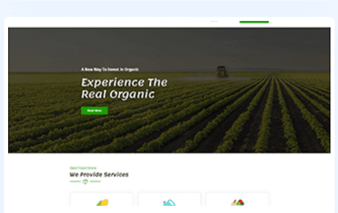 Website design featuring an organic farm field with a tractor and overlay text promoting organic products.